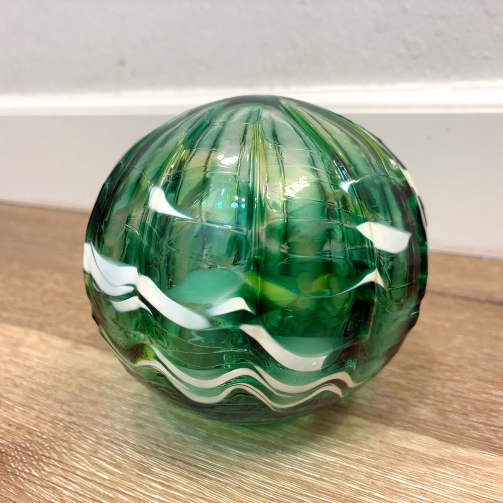 Pyromania Glass Studio Oregon Float Art Glass Sphere Green White Swirl